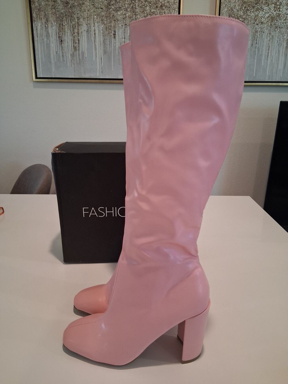 Fashion Nova Slay-16 Pink Knee High Boots Gogo Square Toe Block Heel Sz 6 BNIB